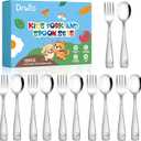 DRKIO Stainless Steel Toddler Utensils Set - 12 Pieces Kids Silverware Set Children Safe Food Grade Small Forks and Spoons Dishwasher Safe Mirror Polished