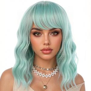 eNilecor Mint Green Wig with Air Bangs,14" Short Curly Wavy Bob Wig for Women, Shoulder Length Fun Wigs Synthetic Colorful Wigs for Daily Cosplay