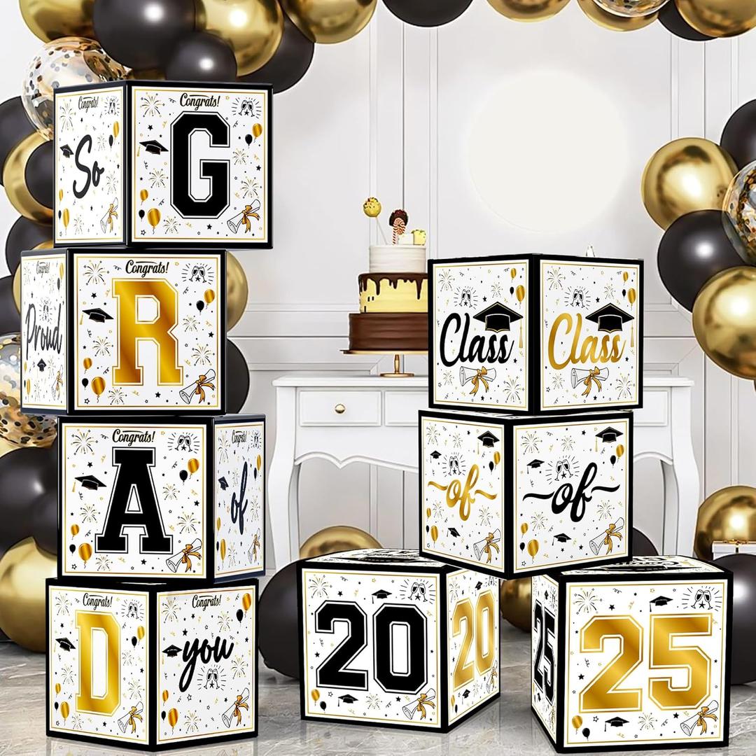 OHOME 8 Pack Graduation Decorations 2026 - Graduation Party Decorations 2026 - Black and Gold Balloon Boxes for Class of 2026 Party Favors Supplies - Yard Signs Banner Backdrop Decor
