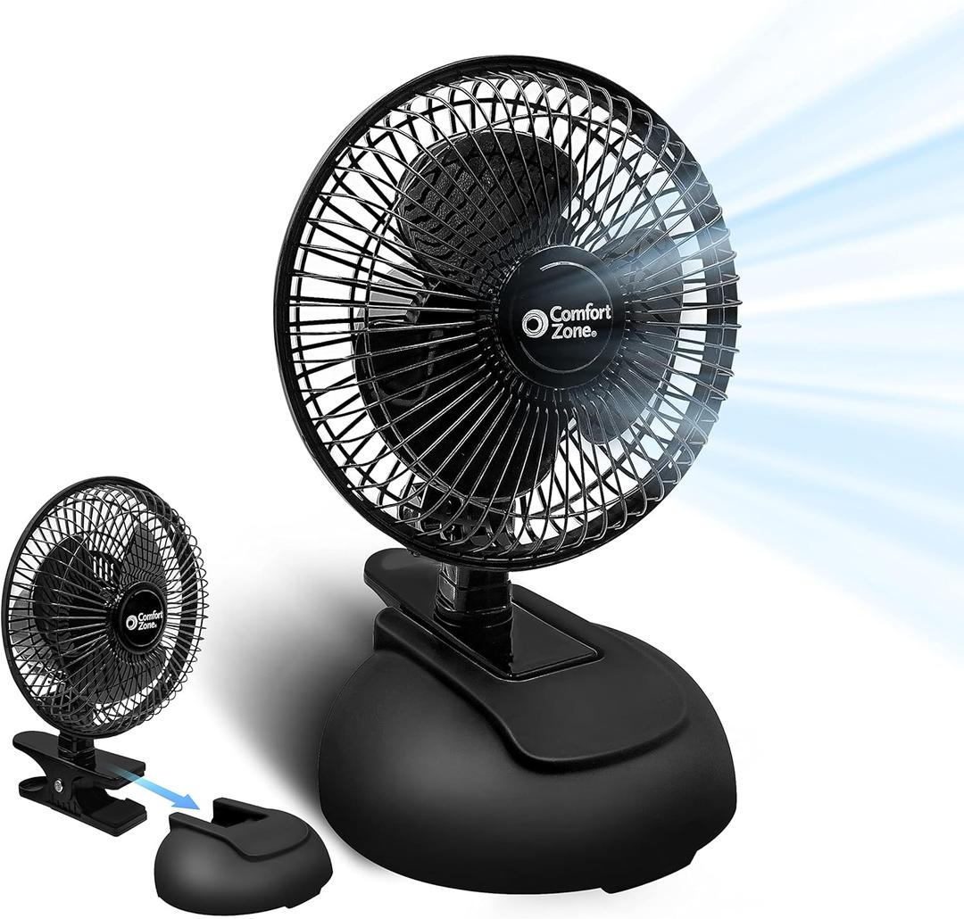 Comfort Zone CZ6XMBK 6 2-Speed Combo Clip or Desk Fan with Removable Base, Strong Clamp for Firm Grip, Suitable for Bedroom, Office, or Dorm Room, Black