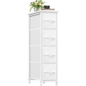 Somdot Narrow Dresser with 4 Drawers, Slim Storage Organizer Chest of Drawers with Removable Fabric Drawers for Small Spaces Bathroom Closet Bedroom Laundry, White Leather, 18.9"D x 7.9"W x 29.5"H