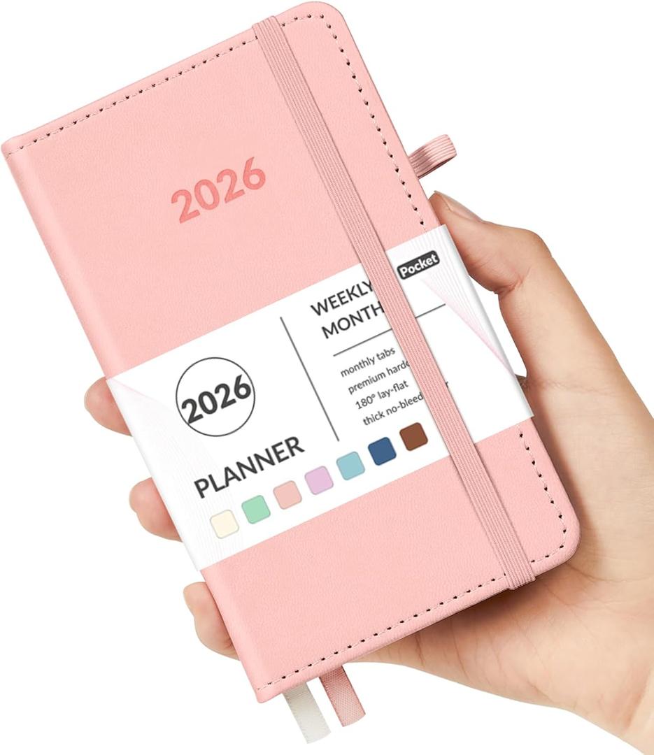 Forvencer Pocket Planner 2026, Weekly Monthly Planners with Month Tabs for Purse, 3.5" x 6", Jan 2026-Dec 2026, Cute Small Daily Academic Calendar, Elastic Band, Hardcover Agenda for Women, Teacher (Gliter-Pink)