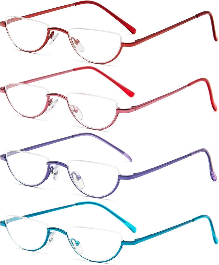REAVEE 4 Pack Half Lens Reading Glasses for Women Retro Designer Metal Frame Half Moon Readers Spring Hinges with Pouch, Red Pink Blue Purple 2.5