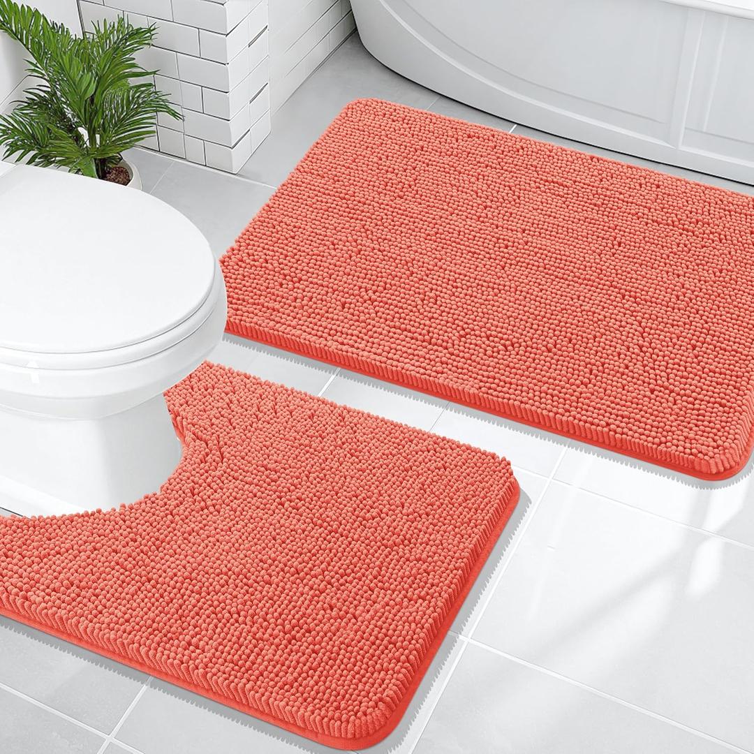 OLANLY Bathroom Rugs Sets 2 Piece, Soft Absorbent Chenille Bath Mats and U-Shaped Contour Toilet Mat Area Rug Set, Machine Washable Bath Carpet, Home Decor Accessories(30"x20"+24"x20", Coral)