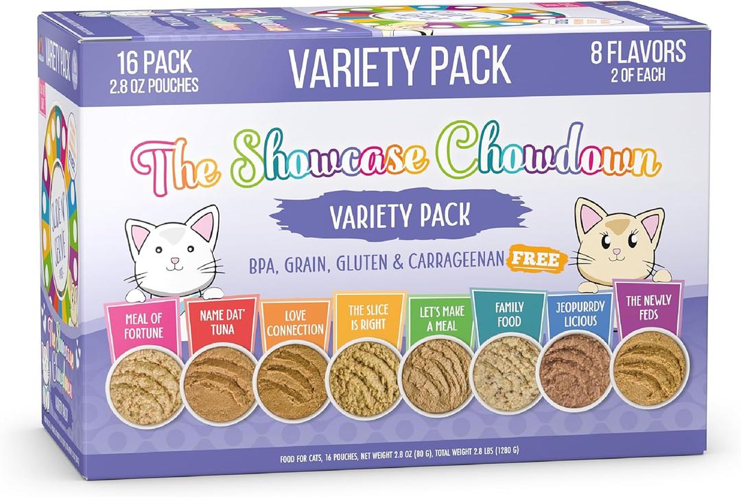 Weruva Slide N' Serve Paté Wet Cat Food, The Showcase Chowdown Variety Pack, 2.8oz Pouch, Pack of 16 (EXP 11/26/28)
