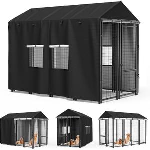 Outdoor Dog Kennel Cover 8'D x 4'W x 6'H Black Full Coverage with Transparent PVC Window and Breathable Mesh All-Weather Protection for Multiple Brands of Kennels Only Cover