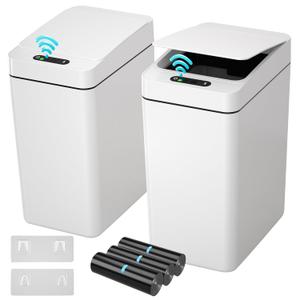 kaylowe Automatic Bathroom Trash Can 2.6 Gallon Touchless Garbage Cans with Lid 2 Pack Small Slim Motion Sensor Smart Commercial Trash Bin for Bedroom, Bathroom, Office, Living Room, White (Battery-White-2)