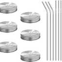 6pcs Pack 304 Stainless Steel Regular Mouth Mason Jar Lids with Straw Hole, Silicone Seals, Including 6pcs Stainless Steel Straws and 1pcs Cleaning Brush, Compatible with Ball & Kerr Mason Jars