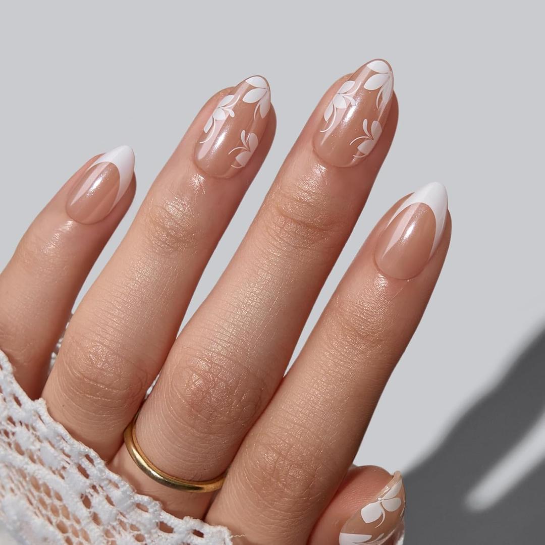 BTArtbox French Tip Press On Nails - The Big Day, Easy-to-Apply White Flower Almond Press On Nails with Glue and Adhesive Tabs in 16 Sizes - 32 Nails All-in-One Kit