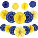 16Pcs Navy Blue and Yellow Party Decorations Hanging Honeycomb Paper Fans Paper Lanterns for Graduation Birthday Wedding Dinner Party Baby Shower Decor (Assorted Sizes)