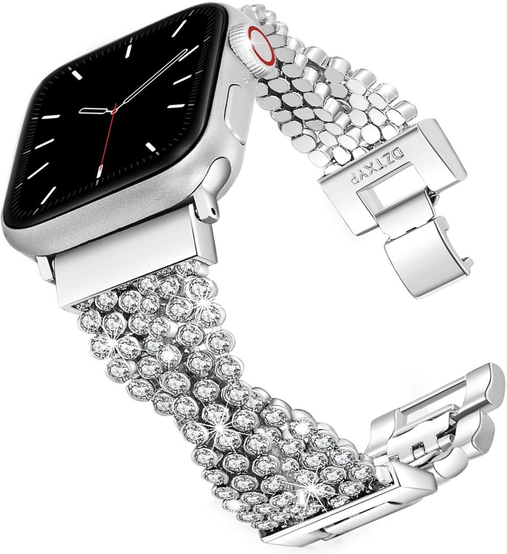 Bling Crystal Mesh Chains Compatible with Apple Watch Band 38/40/41/42/44/45/46/49mm,Women Dressy Straps for Iwatch Series 10/9/8/7/6/5/4/3/SE (Silver+clear)