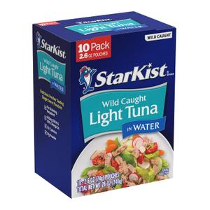 StarKist Chunk Light Tuna in Water, 2.6 oz Pouch (Pack of 10) Ready to Eat Wild Caught Tuna, 17g Protein, 70 Calories Per Serving, Gluten Free, Soy Free, Kosher, Perfect for Salads, Keto Meals and Snacks (BB: 04/24/2028)