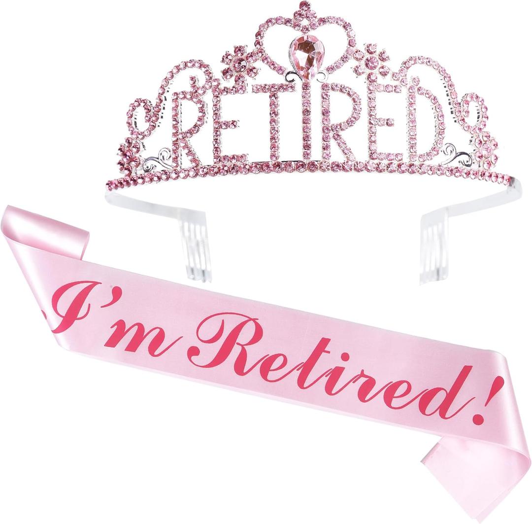 2 x JunyRuny Pink Retirement Party Decorations for Women, I'm Retired Sash & Tiara Set, Costume Headwear, Queen Theme, Great for Retiring Women, Events & Supplies, Gifts, Favors, Teacher Retirement