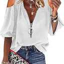 Cnkwei Womens V-Neck Lantern Sleeve Blouse Zipper Design Loose Casual Top Shirts Z-White, Medium