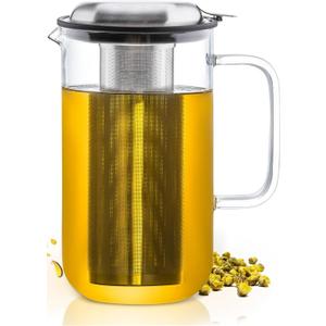 Aquach 51oz Glass Teapot with Stainless Steel Removable Infuser, Stovetop & Dishwasher Safe, Ideal for Loose & Blooming Tea Brewing (51 fluid ounces without Thermometer)