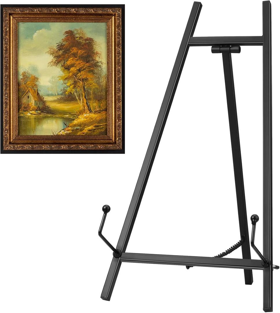 Leinuosen Metal Easel Stand 16.5" H x 8.7" W x 4.3" D Table Top Easel Stand for Display Tripod Art Picture Mirror Modern Plate Holder for Display Book Photo Wedding Sign(Black)