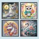 4Pack Diamond Painting Kits For Adults, Unicorn Special Shape Diamond Art Kits For Adults Beginners, DIY Diamond Crystal Rhinestones Gem Art Animal Owl and Cat Swan For Home Wall Decor 12 X 12Inch
