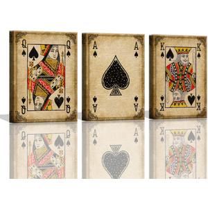 Game Room Decor Poker Ace of Spades Cool Canvas Wall Art for Man Cave Decor Fire Poker Bar Wall Pictures Vintage Game Room Accessories and Decor Masculine Wall Decor 3 Pieces Canvas Art Set Framed (Brown)