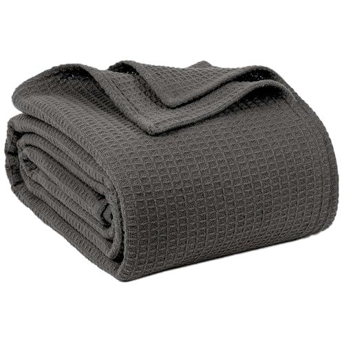 100% Cotton Blankets for Bed - Waffle Weave Blankets for Summer, Lightweight and Breathable Soft Woven Blanket for Spring (Dark Grey, Queen (90" x 90"))