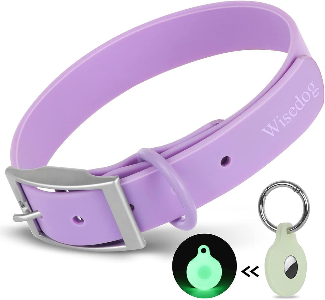 Wisedog Waterproof Dog Collar with Airtag Holder, Adjustable Soft Rubber Coated Webbing, Odor-Proof and Easy to Clean for Small Medium Large Dogs(S|8.5"-12.5" 4/5 in, Lilac)