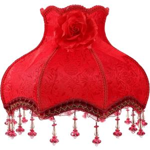 BESTOYARD Vintage European Embroidery Lace Lampshade Replacements with Crystal Pendant Beads Cloth Dome Shaped Fancy Bedside Lamp Shade for Marriage Room Bedroom Living Red