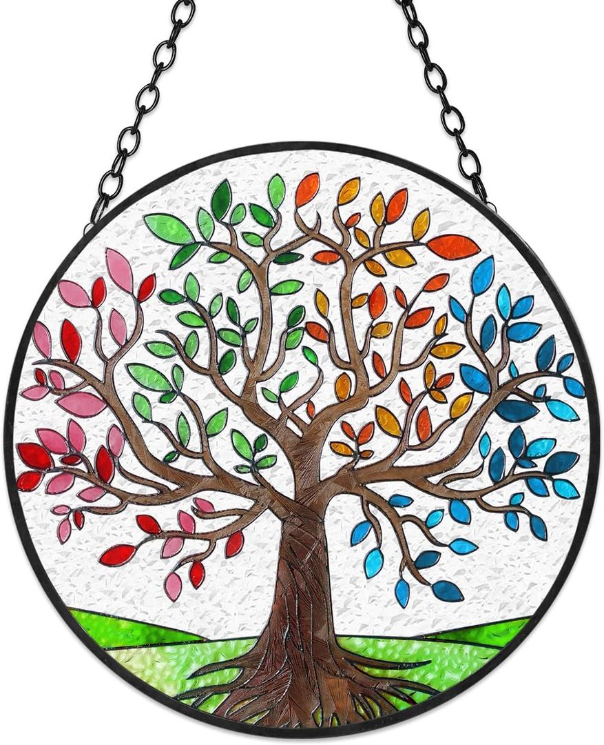 Tuitessine Tree of Life Stained Glass Suncatcher Four Season Theme Colorful Leaves Window Wall Hanging Ornament Hand-Painted Glass Panel Decor Gift for Women Christmas Thanksgiving Gift 6.3 * 6.3