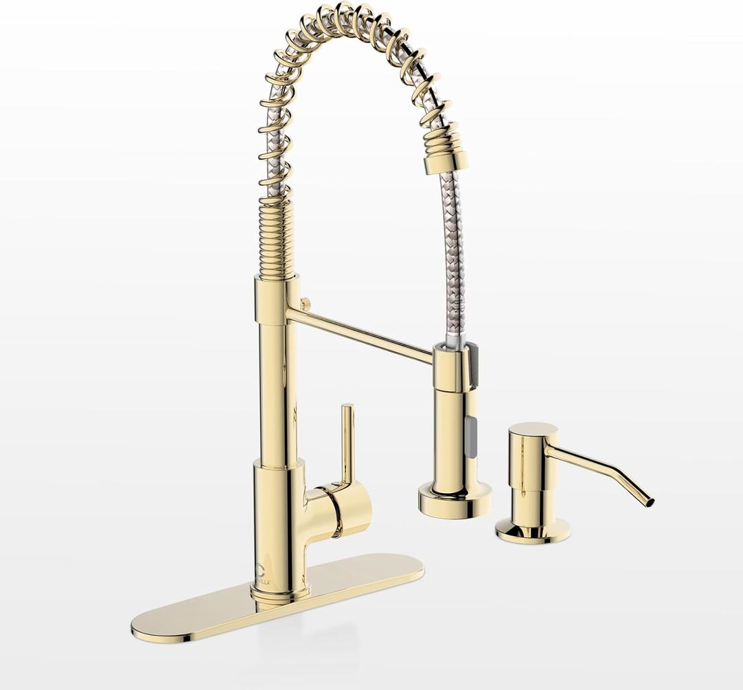 Casavilla Gold Kitchen Faucet with Soap Dispenser, Pull Down Kitchen Faucet with Sprayer, Single Handle Kitchen Sink Faucet with Dual Function Spray Head, Camper Laundry RV Faucet,PVD