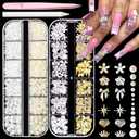 BELICEY 2 Boxes 3D Nail Charms Mix Gold Silver Star Bow Flower Heart Charms for Nails Beige White Flatback Nail Pearls Metal Nail Studs Charms and Gems for DIY Nail Art Supplies Accessories Crafts