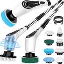 Electric Spin Scrubber, Cordless Power Scrubber with 8 Replaceable Brush Heads, 2-Speed Adjustable Handle, IPX7 Waterproof Shower Scrubber for Bathroom, Tile, Tub, Teens, White-qe1