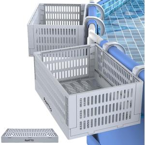 XL Poolside Storage Basket 2pcs, Foldable Above Ground Pool Storage Basket for Pool Toys, Towels, Beverages, Poolside Organizer, Pool Accessories for Above Ground Swimming Pool, Grey (Gray)