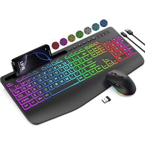 SABLUTE Wireless Keyboard and Mouse Combo, 9 Backlit Effects, Large Print, Wrist Rest, Phone Holder, 2.4G Lag-Free Ergonomic Keyboards, Rechargeable Easy to See Cordless Set for Computer, Laptop, PC (Textured Black)