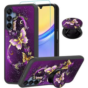 SAKUULO Compatible with Samsung Galaxy A15 5G Case, [Screen Protector + Kickstand] Purple Butterfly Design,Tire Texture Anti-Slip Shockproof Lightweight Ultra Thin Protective Case 6.5inch