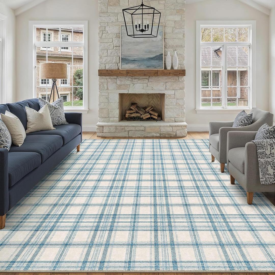 9x12 Blue Area Rug for Living Room Bedroom Soft Low Pile Checkered Large Carpet Modern Accent Non Slip Rug for Dining Room Nursery Office Indoor