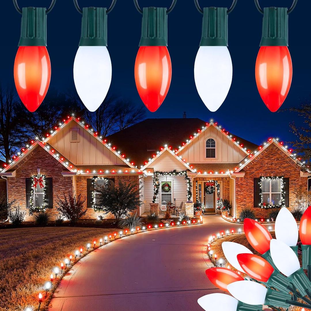 Vintage C9 LED Christmas Lights Outdoor, 100 Feet String with 100 Shatterproof Matte Bulbs, Connectable Waterproof Tree Lights for Holiday Roofline Backyard Garden Decor, Red & Pure White