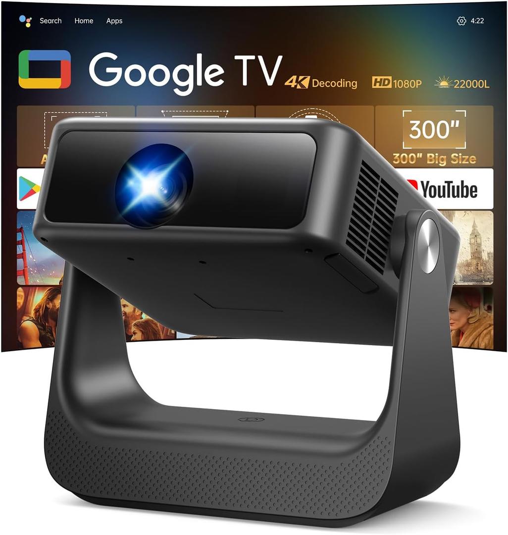 Buit-in Google TV & Voice ControlSmart Projector with WiFi 6 and Bluetooth, 4K Support Movie Outdoor Projectors Compatible with Netflix/Prime Video/YouTube, Auto Focus Home Proyector (Grey)