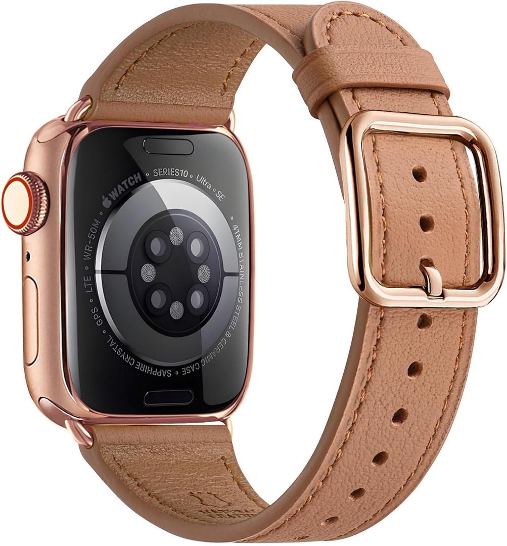 MNBVCXZ Leather Bands Compatible with Apple Watch Band Women, Womens Genuine Replacement Strap for iWatch Series 11 10 9 8 7 6 5 4 3 2 1 SE 3 SE 2 SE (42mm 41mm 40mm 38mm, Brown/Rose Gold)