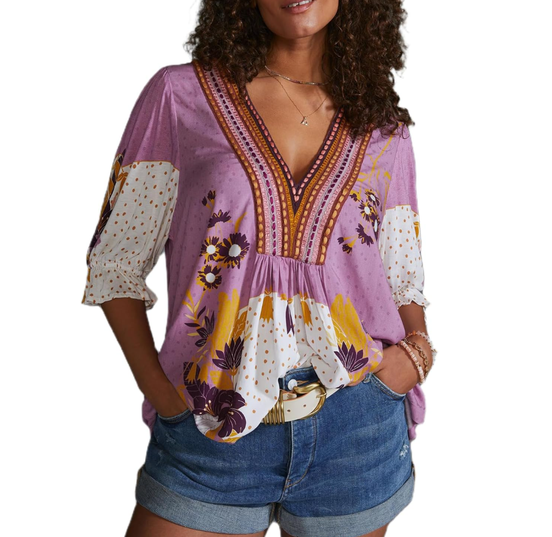 Women Y2k Floral Blouse Puff Sleeve Tops Ruffle Trim V Neck Boho Flower Patchwork Shirt Retro Going Out Top, Small