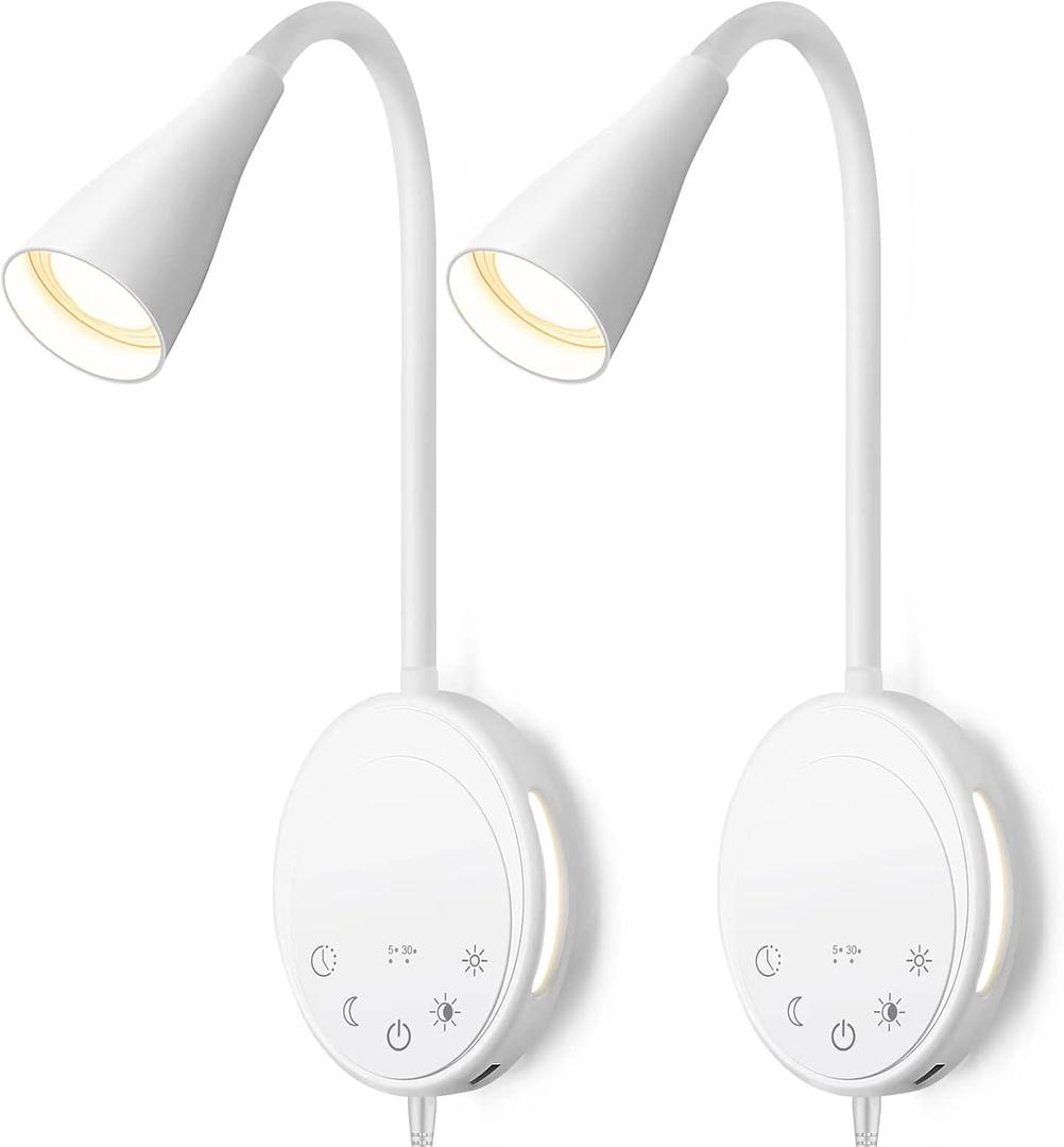 LED Wall Mount Reading Light, Bedside Reading Lights with Touch Control, 5 Dimmable, USB Output, Night Light & Timers, Flexible Gooseneck Headboard Bed Lights Wall Sconce (White-2P)