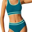 Girls Swimsuit Double Strap High Waist Sporty Bikini Swimsuits Swim Cover Up Skirt 3 Piece Set (Green, 17-18Y)
