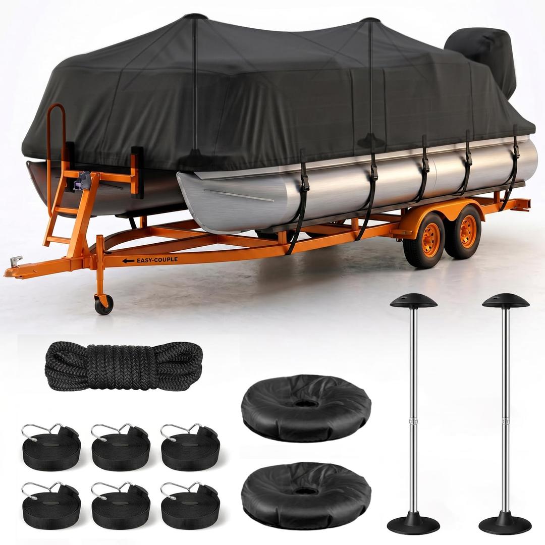1200D Pontoon Boat Cover 21-24ft with 2 Adjustable Support Poles, Black