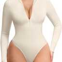 FeelinGirl Long Sleeve Bodysuit for Women Mock Turtle Neck Body Suits Zip Up Design Black Tummy Control Bodysuit Shirts M/L