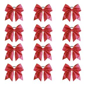 Oaoleer 12PCS 7" Large Glitter Cheer Hair Bows Ponytail Holder Elastic Band Handmade for Cheerleading Teen Girls College Sports (Glitter Red 12PCS)