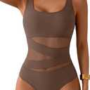 B2prity Women's Mesh One Piece Swimsuit Tummy Control Sexy Bathing Suit Push Up Swim Suit Slimming Swimwear (Brown, M)