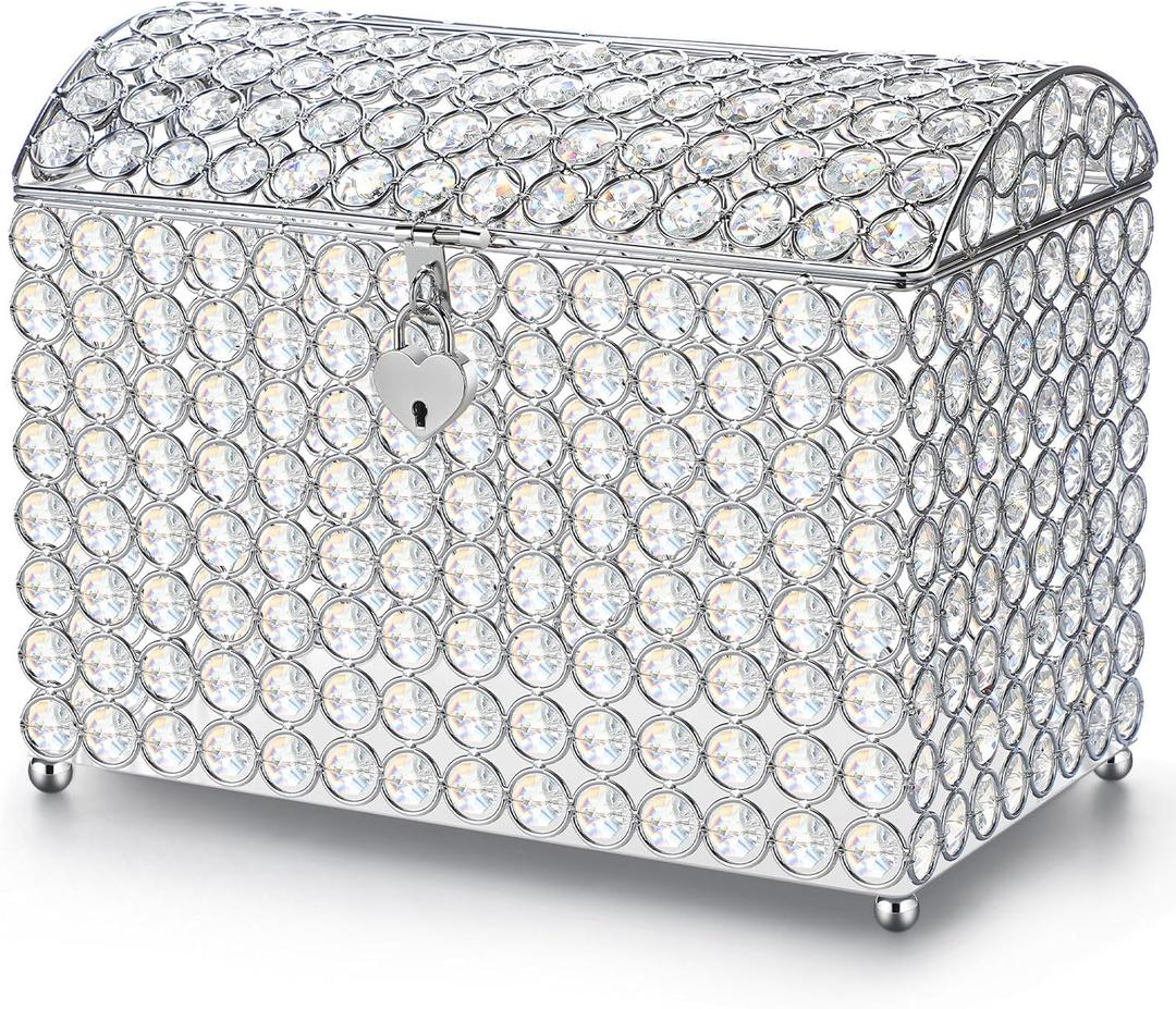 Nitial Crystal Wedding Card Box with Heart Lock 11in Wedding Money Box Treasure Chest Silver Bead Card Receiving Memory Storage for Reception Brithday Graduation Baby Shower Party (Elegant Style)
