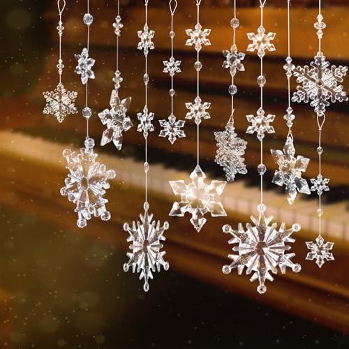 OuMuaMua 24pcs Christmas Crystal Snowflake Ornaments for Christmas Tree Decorations- Clear Hanging Acrylic Snowflake Ornaments for Xmas Tree Winter Wonderland Party Decorations