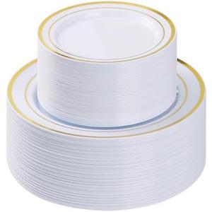 BESTVIP 100PCS Gold Plastic Plate, Disposable Party Plates with 50 Dinner Plates and 50 Dessert Plates, Plastic Plate for Parties, Wedding and Birthday