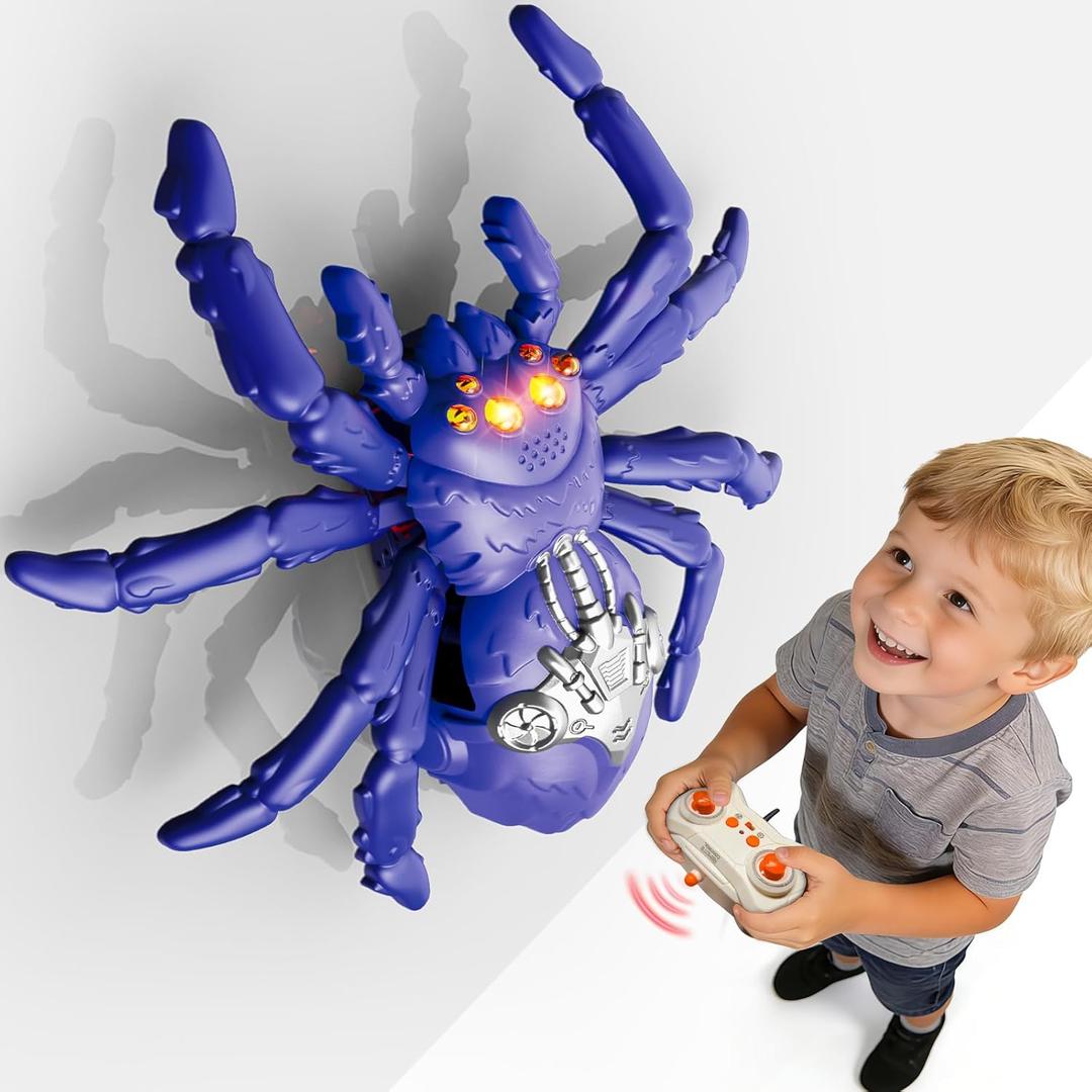 Wall Crawling Spider, Rechargeable Remote Control Robot Toy for Kids with LED Eyes and 360 Stunts, Wall Climbing Funny Prank Toys Birthday Gifts for Boys & Girls Ages 3-5 4-6 7-8 (Blue)
