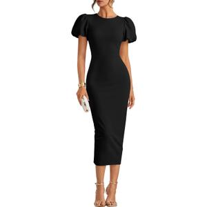 ZESICA Women's Summer Short Sleeve Bodycon Midi Dress 2026 Spring Elegant Formal Wedding Guest Cocktail Party Dresses (Black, M)