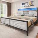 YITAHOME Farmhouse King Bed Frame with Storage Bookcase Headboard, Platform Bed Frame with LED Lights and Charging Station, Sliding Barn Door, Solid Metal Slats, No Box Spring Needed (White)