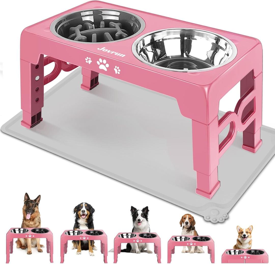 Elevated Dog Bowls, Dog Feeder with Stainless Steel Dishes & Slow Feeder Bowl, 5 Heights Adjustable Raised Stand for Medium Large, Food Dishes with Non-Slip Feet (Pink)